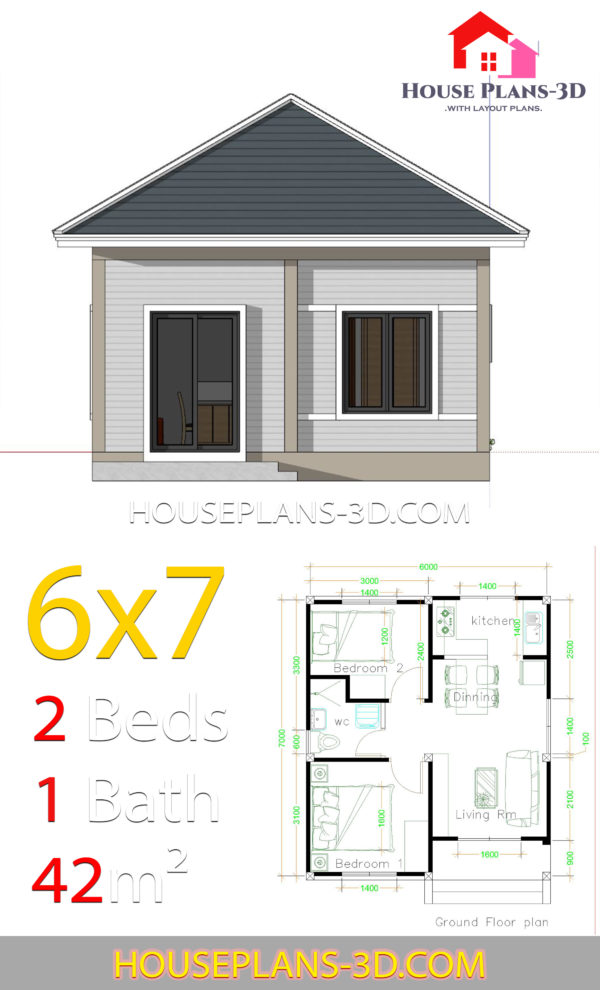 Simple House Plans 6x7 with 2 bedrooms Hip Roof - House Plans 3D