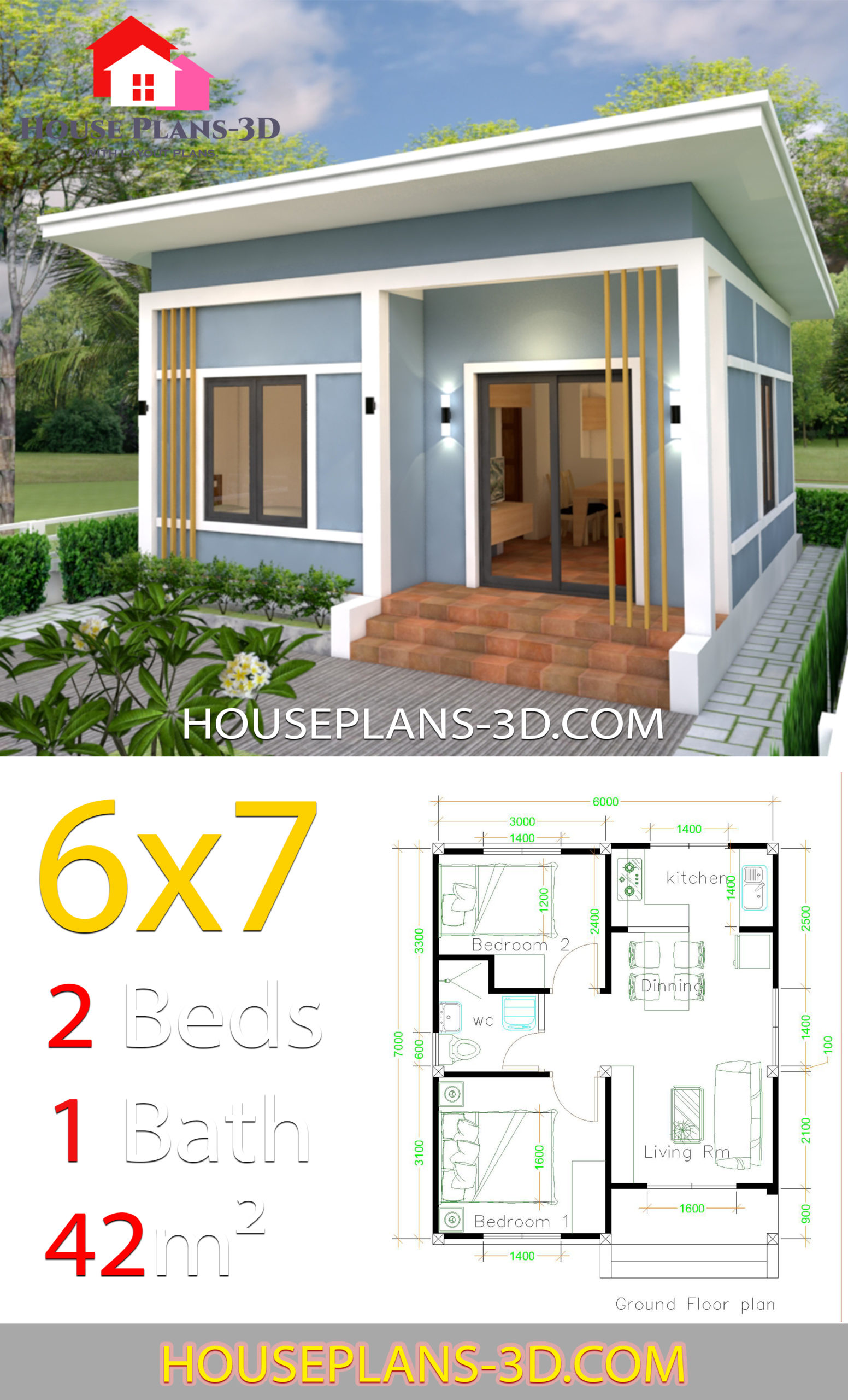 Simple House Plans 6x7 With 2 Bedrooms Shed Roof House Plans 3d