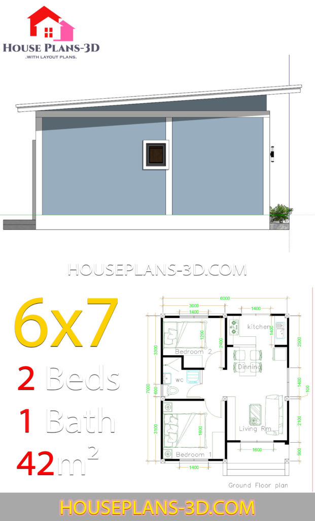 Simple House Plans 6x7 with 2 bedrooms Shed Roof - House Plans 3D