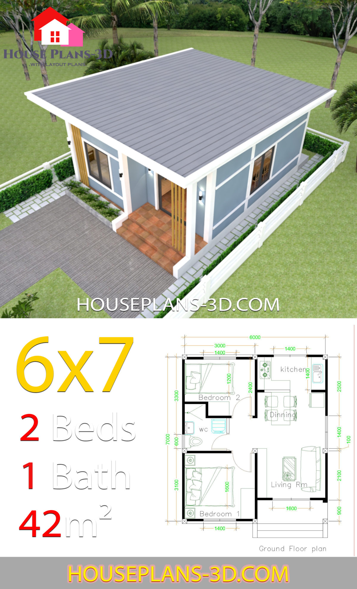 Simple House Plans 6x7 with 2 bedrooms Shed Roof House Plans 3D