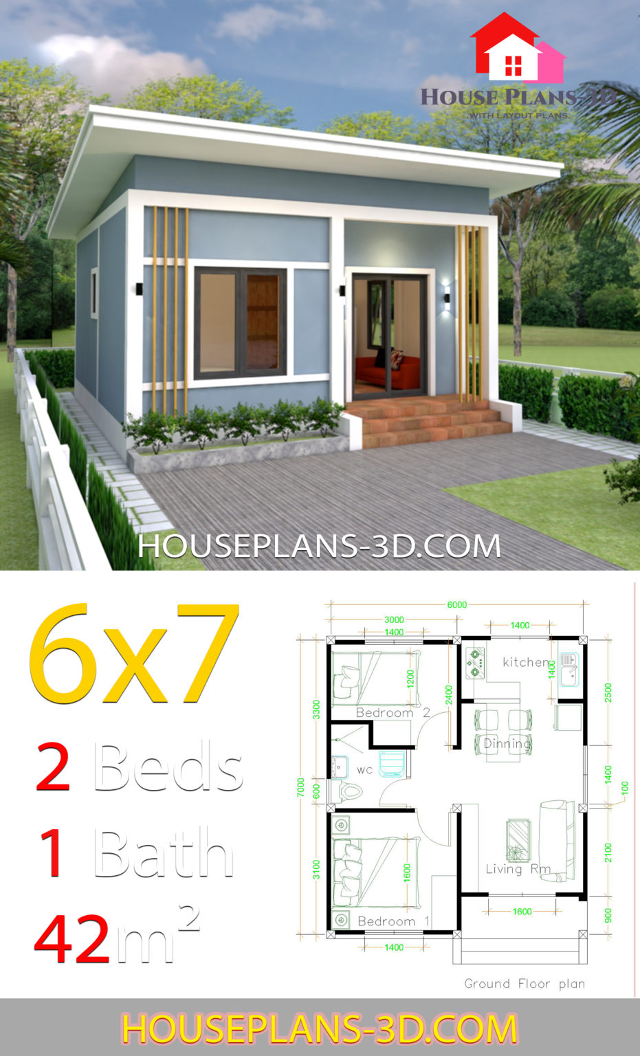 Simple House Plans 6x7 with 2 bedrooms Shed Roof - House Plans 3D